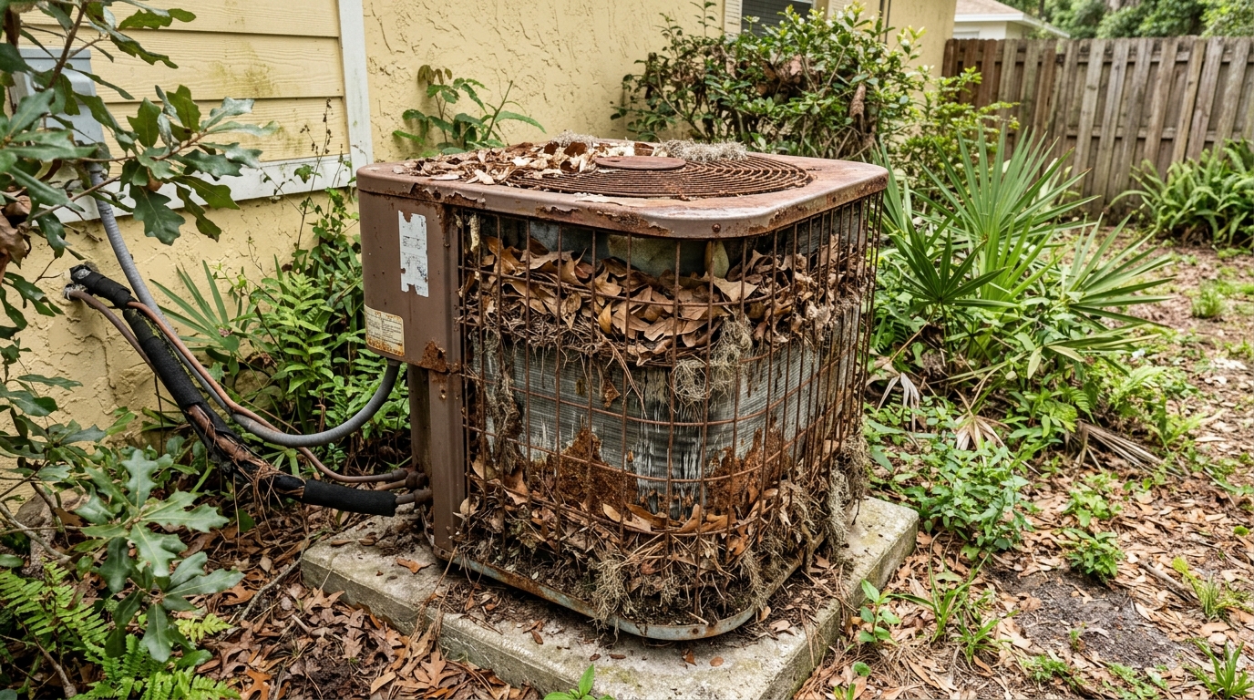 Corroded Rusted AC Compressor Unit Before Replacement
